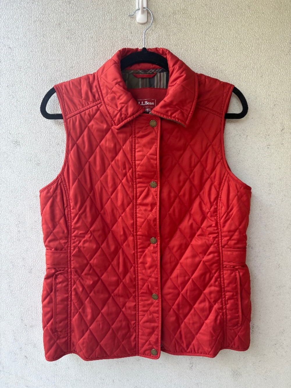 L.L.Bean Orange Quilted Vest Plaid Lined Corduroy Collar Womenβs M
